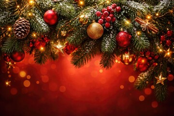 Naklejka premium Decorated fir limb arrangement featured on warm red holiday backdrop