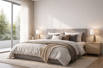 Fototapeta premium Modern bedroom design showcasing a double bed with linens and a lamp illuminated by natural daylight and white walls