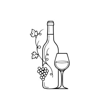 A wine bottle with a glass and grapes on a vine in a still life setting