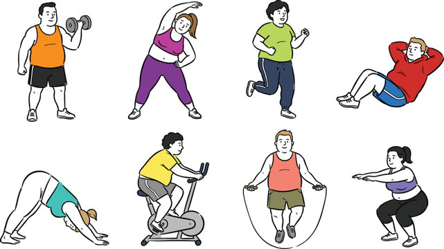 Cartoon Overweight People Exercising Character Set with Weightlifting, Running, Cycling, Jump Rope, and Stretching for Fitness and Healthy Lifestyle Designs