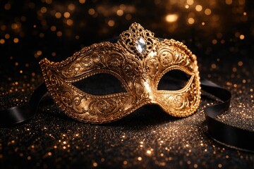 Naklejka premium Golden masquerade mask displayed on a deep dark sparkling background ideal for copy