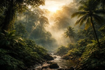 Obraz premium Tropical jungle shrouded in soft morning mist at dawn