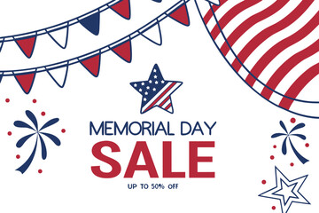 Obraz premium Memorial Day sale advertisement with patriotic flags and stars