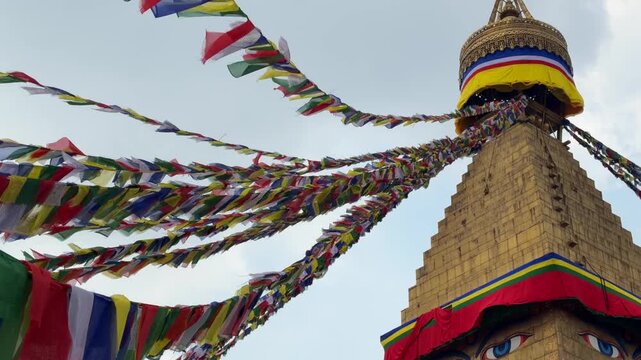 Boudhanath Stupa with prayer flags Kathmandu Nepal buddhist temple