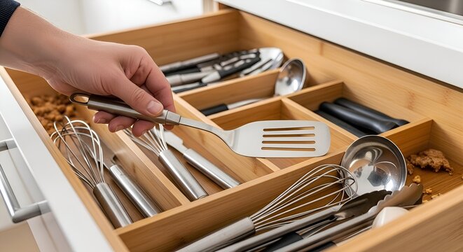 Hand organizing kitchen utensils in a bamboo drawer organizer, cooking tools neatly arranged