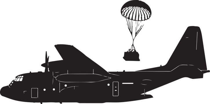 Military cargo plane, aircraft silhouette, parachute drop, black vector icon