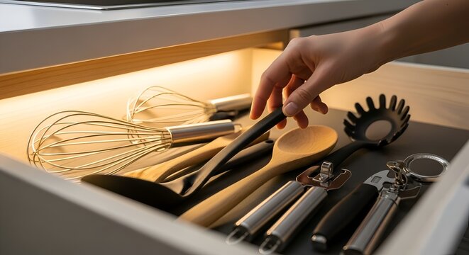 Hand reaching for kitchen utensils in an organized drawer with LED lighting