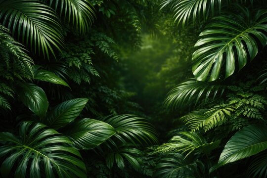 Bright green tropical foliage texture with clear copy space for wallpaper