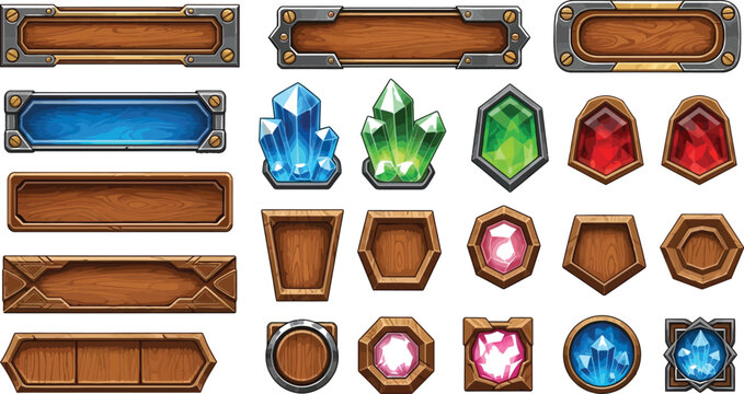 Isometric fantasy treasure chests and gems icon set Vector