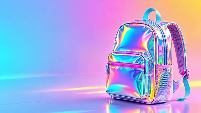shiny holographic backpack on colorful gradient background with copy space, trendy back to school concept, modern education style.