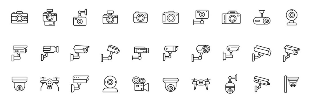 Camera icons. Security camera vector set. Drone, photo camera, webcam. Cctv icon.  Stroke.