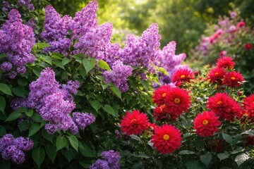 Obraz premium Purple flower clusters with dense green leaves and striking red blooms