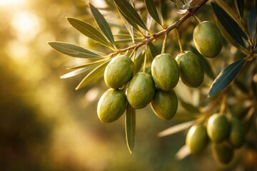 Naklejka premium Ripe green olives captured on the branch with warm golden light and a smooth blurred natural backdrop