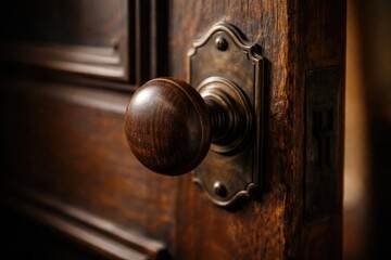 Obraz premium Focused view on a vintage wooden door knob facilitating door movement