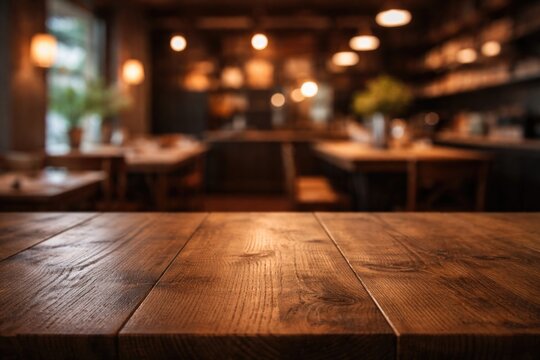 Wood tabletop with ample copy space in soft focus dining setting