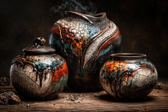Raku ceramic art presenting exceptional sculptural craftsmanship combined with dynamic glaze effects in traditional vessels