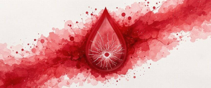 Vibrant red watercolor blood drop dissolving into a flowing splash. A powerful symbol for blood donation, leukemia awareness, and life-saving medical care.