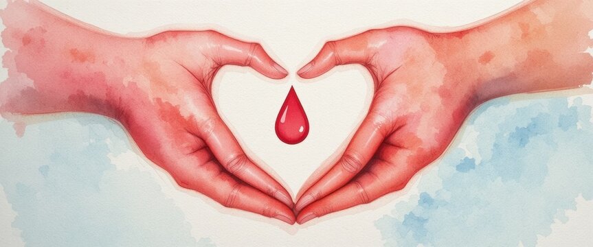 Vibrant red watercolor blood drop dissolving into a flowing hand with a heart symbol. A powerful symbol for blood donation, leukemia awareness, and life-saving medical care.