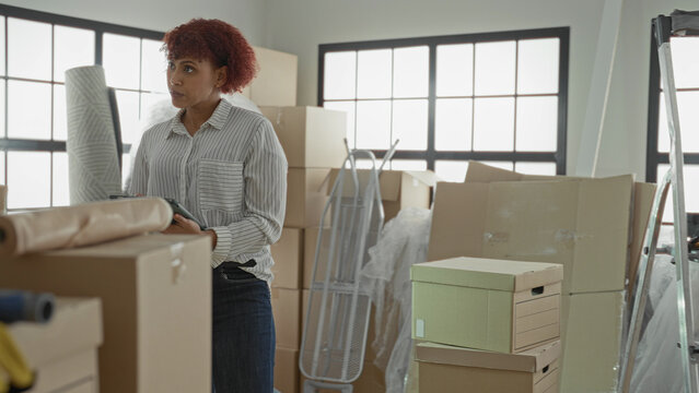 Woman tapping tablet amid packed moving boxes, bubblewrap and an ironingboard in a building, checking inventory and scheduling tasks; focused planning.