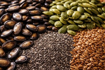 Obraz premium Selective close up of watermelon pumpkin chia and flax seed assortment
