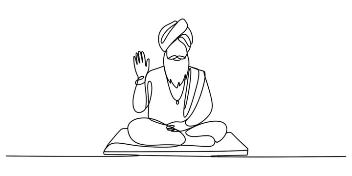 Continuous single line drawing of a sikh man sitting and waving hand