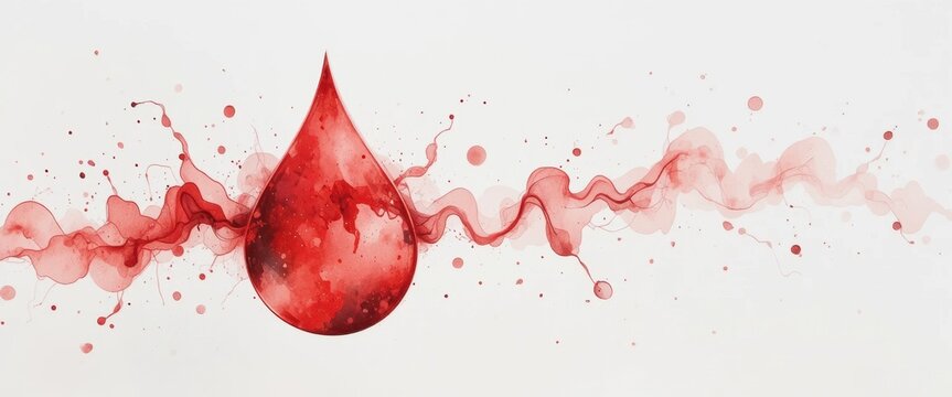 Vibrant red watercolor blood drop dissolving into a flowing splash. A powerful symbol for blood donation, leukemia awareness, and life-saving medical care.