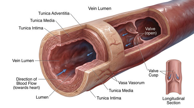 Detailed longitudinal and cross‑sectional view of a vein showing tunica layers, large lumen, venous valve cusps and direction of blood flow, emphasizing structural adaptations that aid low‑pressure ve