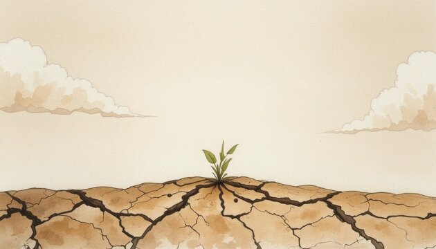 A poignant vector illustration of a small green sprout growing out of dry, cracked earth against a warm neutral sky, symbolizing hope, resilience, renewal, and environmental survival amidst drought