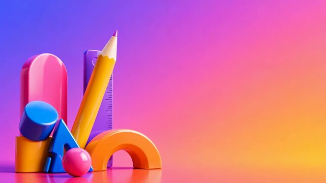 abstract colorful school supplies and geometric shapes on vibrant gradient background with large copy space, creative back to school concept.