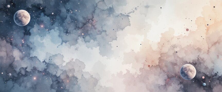 An ethereal watercolor vector background depicting a dreamy cosmic galaxy, featuring soft swirling nebula clouds in shades of indigo blue and warm peach, floating planets, twinkling stars