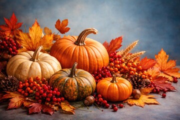 Naklejka premium Thanksgiving decoration showcasing pumpkins and berries with rich autumn leaves on a serene blue background