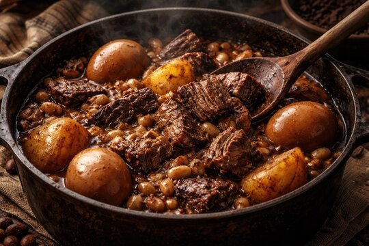Rustic Jewish Cholent slow roasted beef with hearty potatoes beans and brown eggs