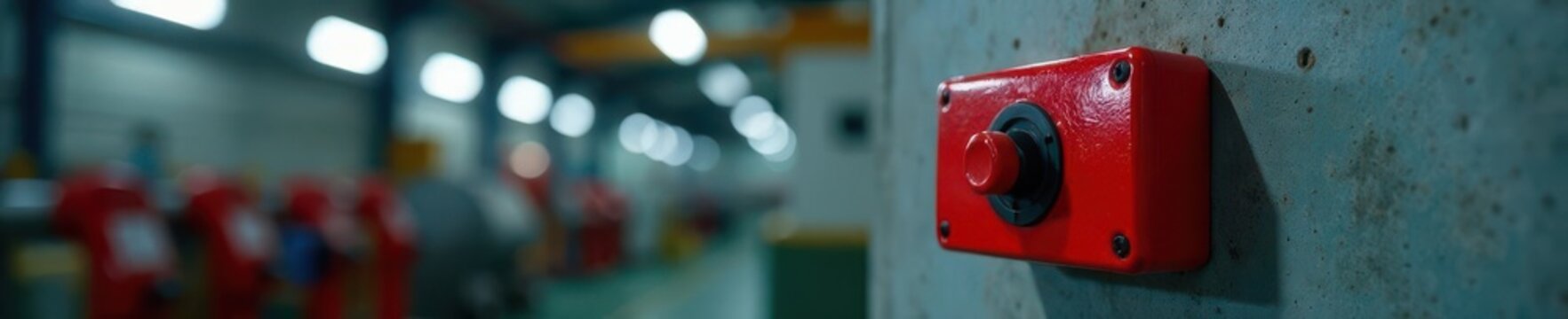 Red fire alarm switch mounted on factory wall, plant, workplace, industry