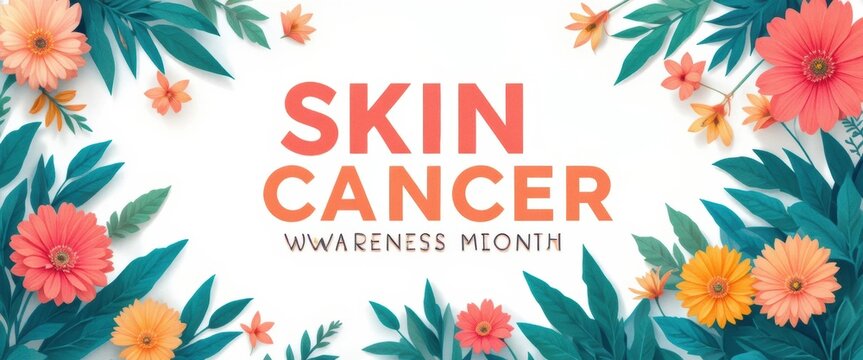 A clean vector graphic emblem for Skin Cancer Awareness Month, featuring a central awareness text set against a frame of flowers, accompanied by bold text below to promote skin cancer awareness month