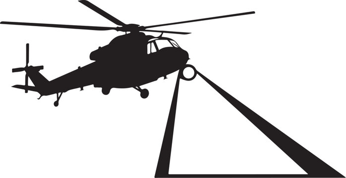 Black helicopter silhouette, vector helicopter icon, aircraft lifting hook, industrial transport symbol