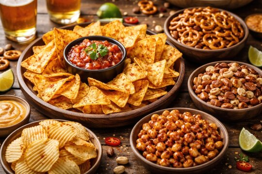 Snack assortment including nachos chips nuts and pretzels