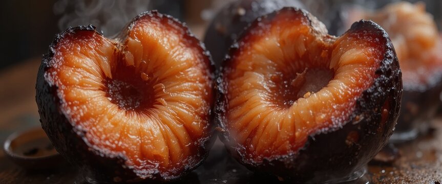 A macro, appetizing close-up photograph of halved, roasted sweet tomato, showcasing their charred, crispy edges and soft, textured, bright orange flesh