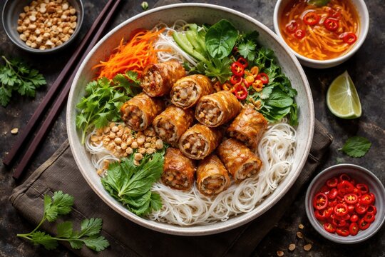 Direct above image of a bowl filled with Asian cold rice vermicelli, dipping sauce, and fried spring rolls