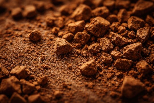 Macro perspective of instant coffee granules showing rough texture on background