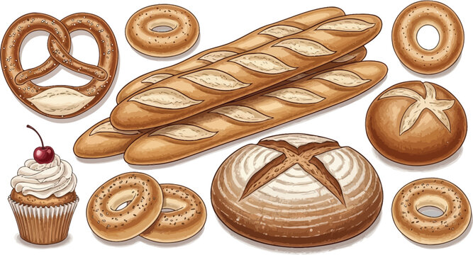 Assorted baked breads and pastries collection Vector