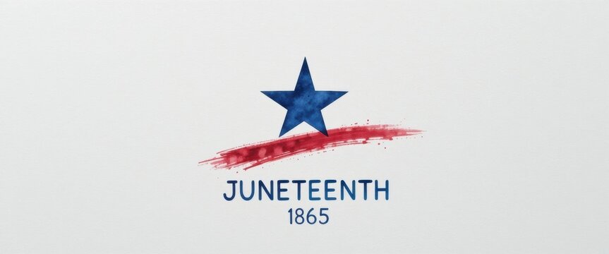 An African American heritage commemorating Juneteenth, featuring a blue star centered between vibrant red and blue brushstrokes that arc across a clean white background. freedom, history