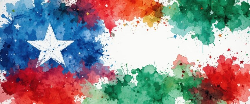 A vibrant watercolor banner for Juneteenth and Black History Month, featuring a white star over a blue burst with red, yellow, and green splatters, leaving a central white space for custom text