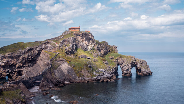 Scenic view of San Juan de Gaztelugatxe islet and church in Bizkaia, Spain