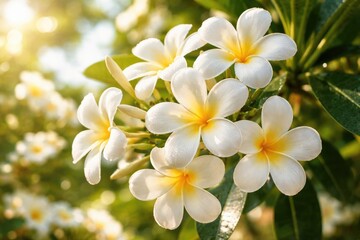 Naklejka premium Summer full bloom of white frangipani with aromatic petals