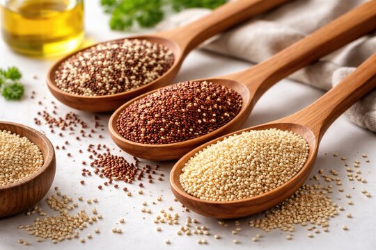 Selection of bright quinoa grains placed in wooden spoons against white background showcasing wholesome cooking elements and pure beauty