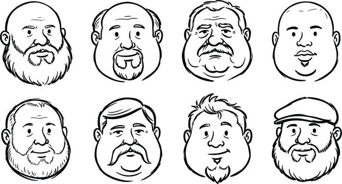 Cartoon Bald and Bearded Fat Man Face Character Set in Black and White Outline for Avatar, Comic, and Character Design Illustrations