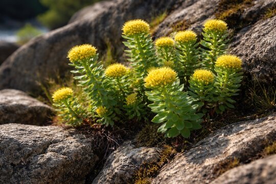 Rhodiola rosea golden root plant with lively yellow flowers growing on a rough natural rocky landscape
