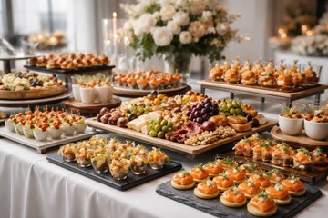 Obraz premium Refined catering setup featuring an array of snacks for wedding and corporate occasions