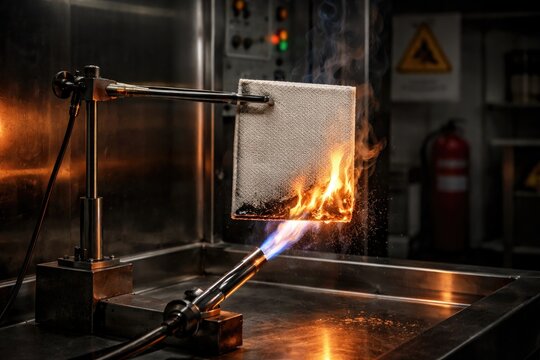Material undergoing flame test to emphasize fire retardant qualities and thermal safety in precise environment