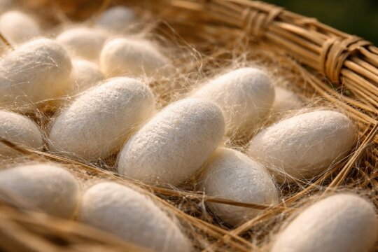 High resolution close-up of pristine silkworm cocoons with fine silk threads in organic farming context